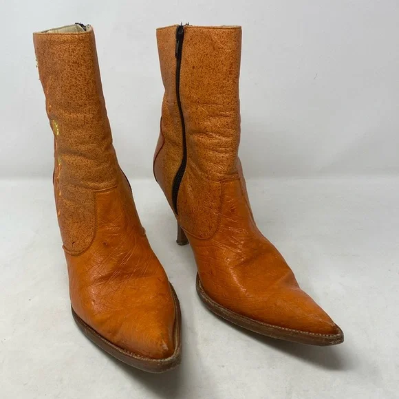 Lagarto Orange Yellow Embroidered Leather Point Toe Heeled Boots - Picture 2 of 12